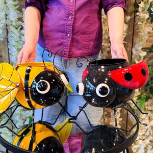 May include: Two whimsical metal planters, one shaped like a bee and the other a ladybug, sit on a black metal stand. The bee planter is yellow and black, while the ladybug is black with red accents. Both have large, cartoonish eyes.