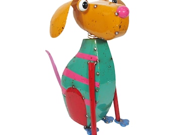 Colorful Metal Dog Sculpture: Enamel Paint, Bubbly Head, 18in Tall