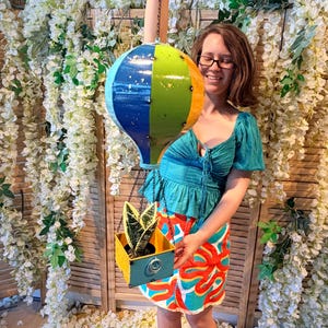 Whimsical Hot Air Balloon Planter, Colorful Enamel (10x10x36 inches)