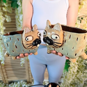 Quirky Cat Planter - Hand Glazed Ceramic | Blue Green | 7X4X6H, 8X5X7H, Succulent Display