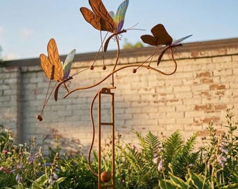 Dragonfly Wind Sculpture - Rustic Metal, Kinetic Rocker for Garden