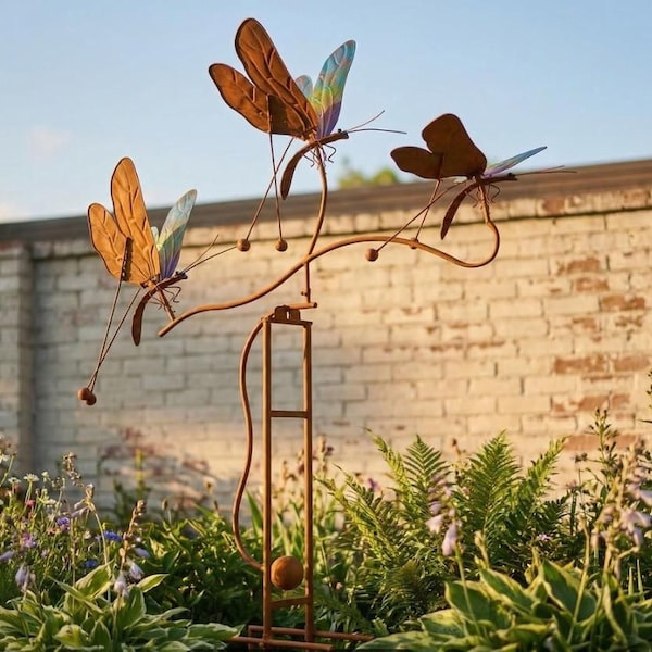 Dragonfly Wind Sculpture - Rustic Metal, Kinetic Rocker for Garden