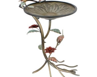 Metal Bird Bath and Feeder with Flower Center Resting on Tree Branch Decorative Stand, Outdoor Garden Decor Yar Art