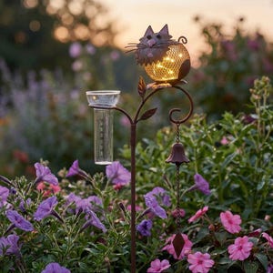 Metal Solar Cat Rain Gauge Rustic Garden Stake Outdoor Decorative Yard Art