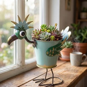 A bird-shaped planter filled with a variety of succulent plants sits on a wooden surface, with a window and other potted plants visible in the background.