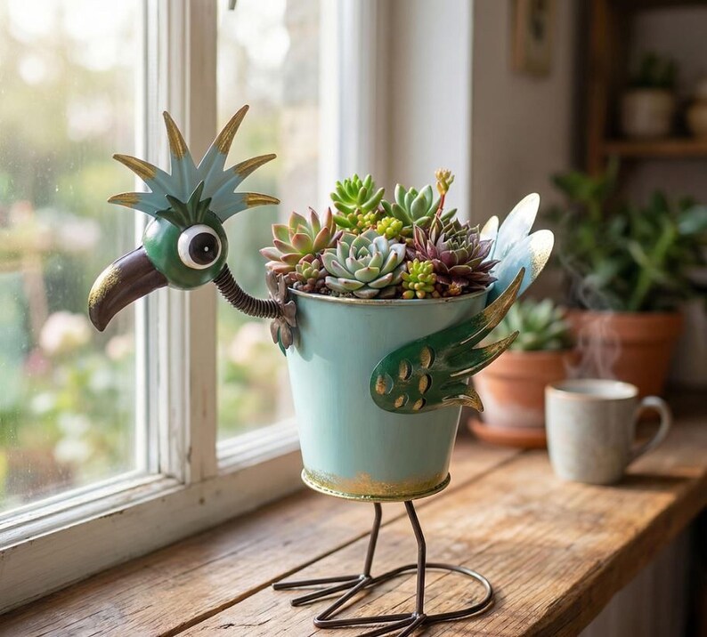 A bird-shaped planter filled with a variety of succulent plants sits on a wooden surface, with a window and other potted plants visible in the background.