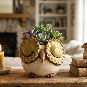 May include: A ceramic owl-shaped planter with a glossy mustard yellow face and a cream-colored body. The owl has closed eyes and a brown beak. It is filled with a variety of green and purple succulent plants, creating a textured display.