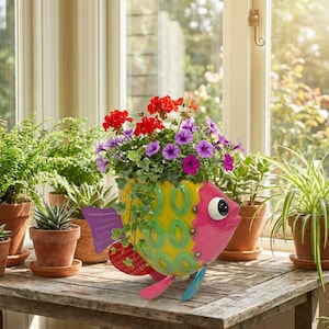 Maceta de metal con forma de pez tropical, decoración de jardín original, maceta con motivos marinos.