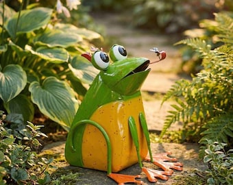 Enamel Metal Frog Statue – Whimsical Garden Yard Art, Outdoor Decor, Animal Sculpture!