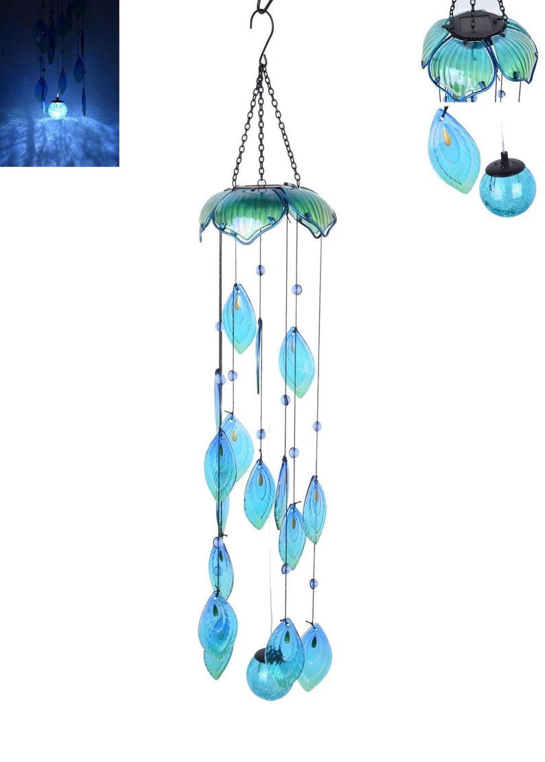 a wind chime with blue glass elements hanging from a metal hook.