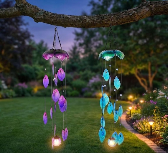 Solar Lighted Peacock Tail Windchime-Hand Painted Glass Yard Art