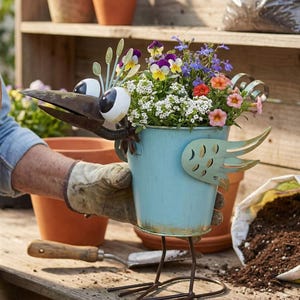 A person's gloved hand is holding a blue metal bird planter filled with colorful flowers, including pansies and other blooms, on a wooden surface.