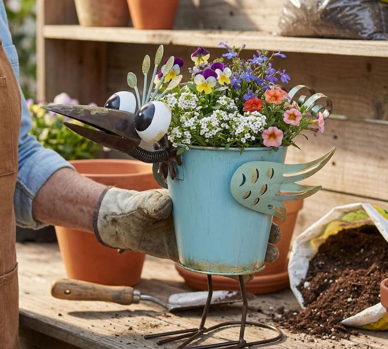 A person's gloved hand is holding a blue metal bird planter filled with colorful flowers, including pansies and other blooms, on a wooden surface.