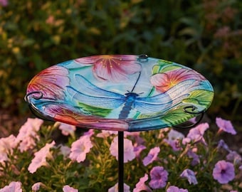 12" Bird Bath Feeder with Dragonfly Center, Hanging and Garden Stake Outdoor Yard Art