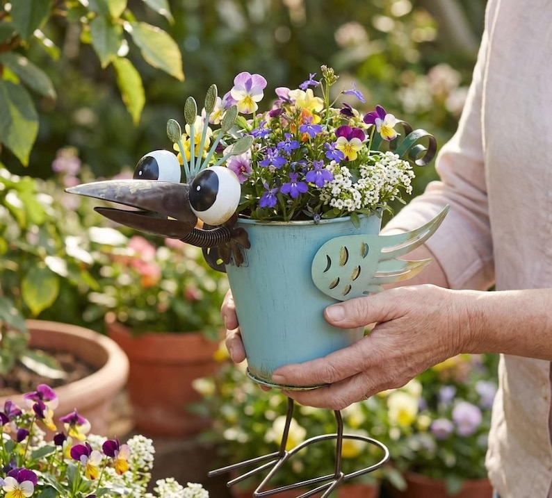 A person is holding a blue metal bird planter filled with colorful flowers, including purple, yellow, and white blooms.
