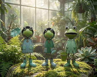 Green Metal Frog Garden Statues Wearing Raincoats and Holding Accessories