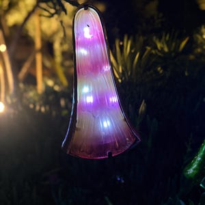 A colorful, illuminated object resembling a flower or mushroom is hanging from a branch in a dark, natural setting.