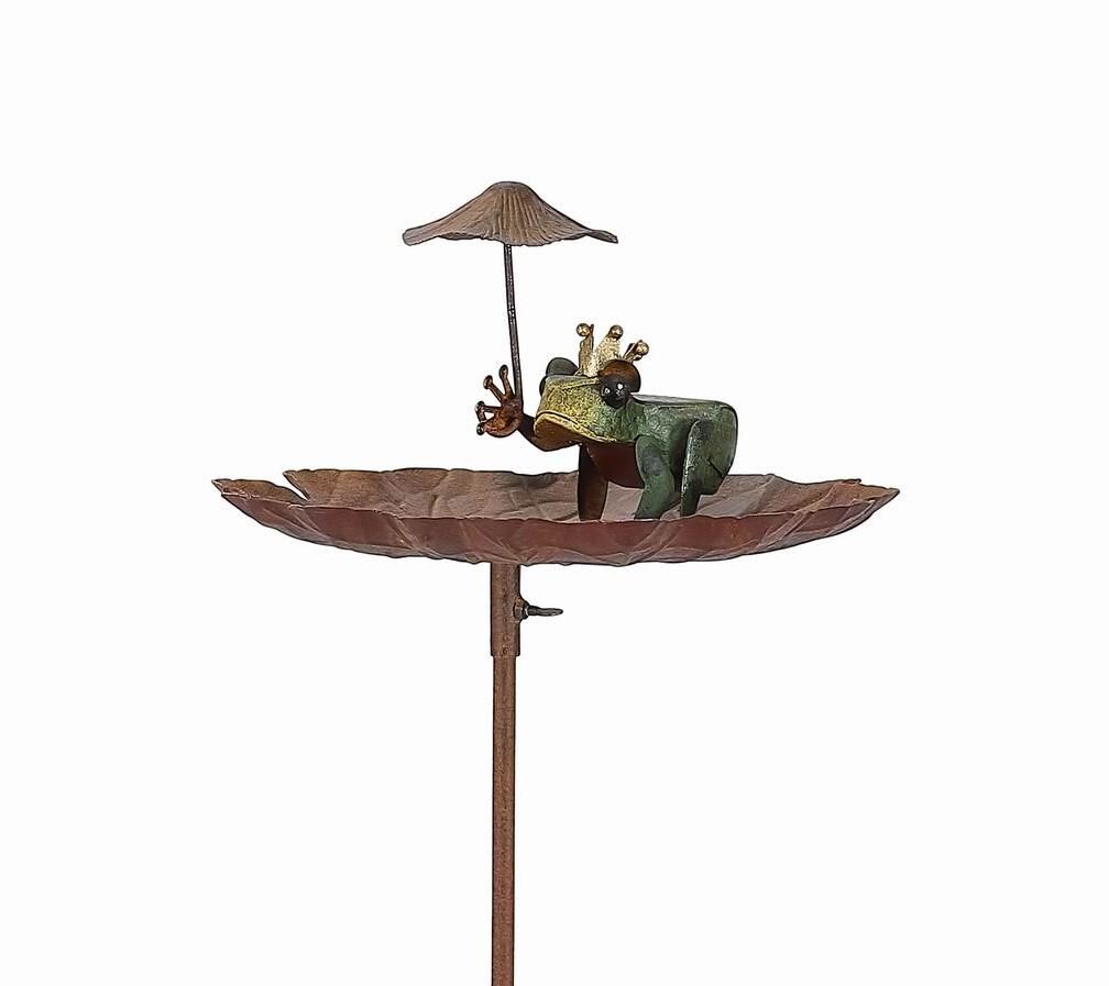 Rustic Metal Frog Bird Feeder Garden Stake Holding Decorative Umbrella, Outdoor Yard Art