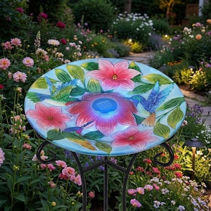 18"  Solar Glass Bird Bath Plate with 3 Hummingbirds