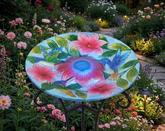18"  Solar Glass Bird Bath Plate with 3 Hummingbirds