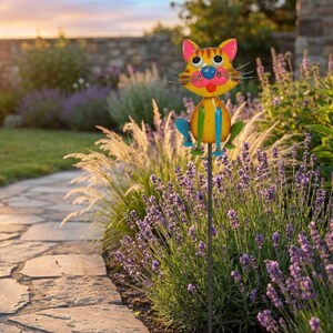A colorful garden ornament resembling a cat is placed on a stone path surrounded by purple flowers and greenery.