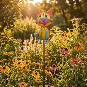 A colorful metal cat decoration stands in a vibrant garden filled with yellow flowers and lush greenery.