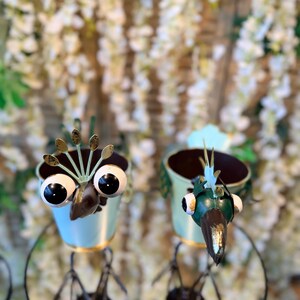 May include: Two whimsical bird-shaped planters. Each planter has a light blue body with gold trim, large googly eyes, and a brown beak. The planters are made of metal and have a dark brown interior.