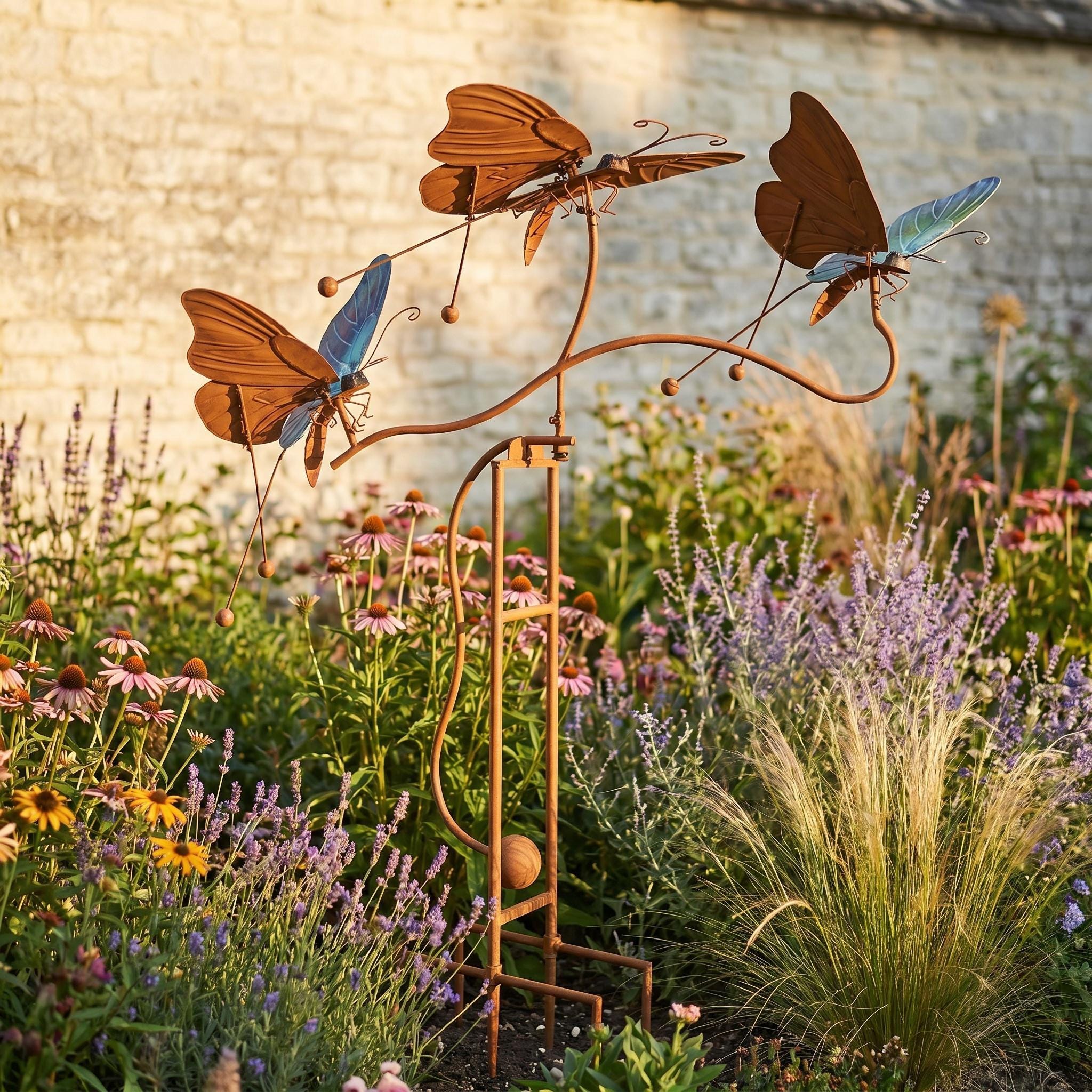 Metal Butterfly Kinetic Wind Sculpture: Rustic Garden Stake Yard