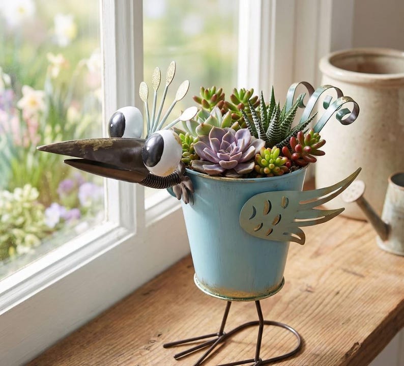 A blue metal bird-shaped planter filled with a variety of colorful succulent plants and flowers, placed on a wooden surface near a window.