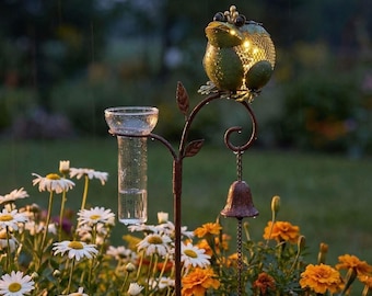 Solar Frog Prince Garden Stake, Rustic Metal with Rain Gauge (Outdoor)