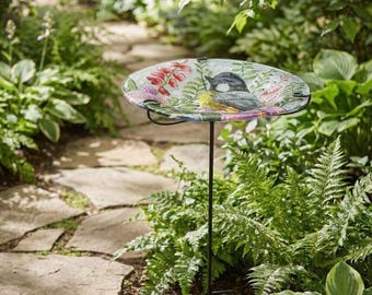 Glass Chickadee Bird Bath and Feeder - Colorful Outdoor Garden Stake