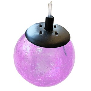 A purple glass globe with a black base and a black cord attached to it.