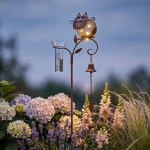 Pluviómetro solar de metal con forma de gato, estaca rústica para jardín, decoración para exteriores