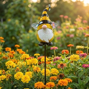 Garden Gnome Statue Stake Wearing Ladybug and Bumble Bee Costumes