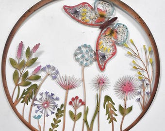 24&quot; Circle Outdoor Rustic Metal Wall Plaque Butterfly Accent Decoration