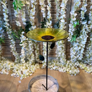 Blue Peony Bird Bath Stake - Glass Feeder for Yard Yellow