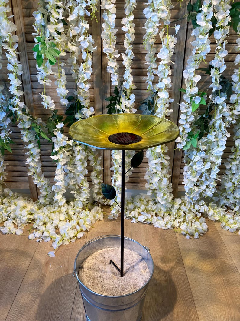 Blue Peony Bird Bath Stake - Glass Feeder for Yard Yellow