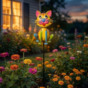 A colorful metal cat figurine is perched on a garden post, surrounded by a vibrant display of flowers and plants.