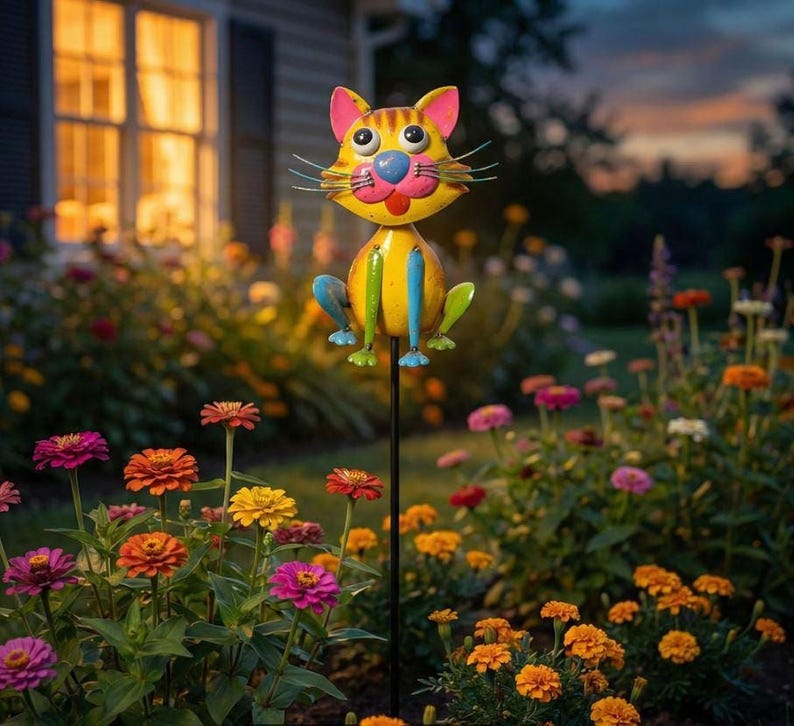 A colorful metal cat figurine is perched on a garden post, surrounded by a vibrant display of flowers and plants.