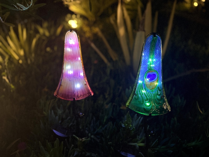two colorful, illuminated objects, possibly mushrooms or plants, standing in a dark, natural setting.