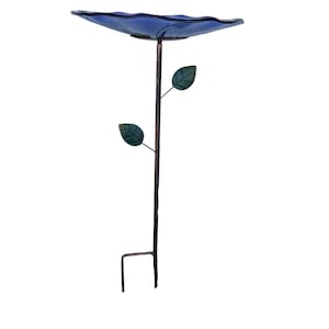 A blue bird bath with two green leaves attached to the side, standing on a metal stand.