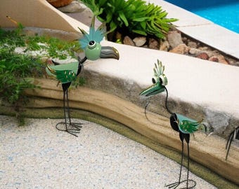 Metal Peacock Rocking Statue Blue and Green Bird Yard Art Sculpture