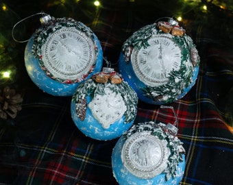 Handmade Blue Christmas Ornaments Set: Clock Baubles, Tree Decorations