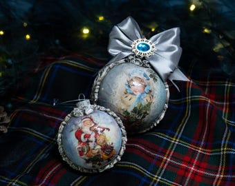 Vintage Decoupage Christmas Baubles: Blue & Silver Ornaments, Set of 2