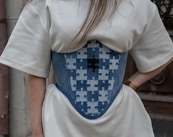 Upcycled Denim Underbust Corset: Puzzle Piece Design