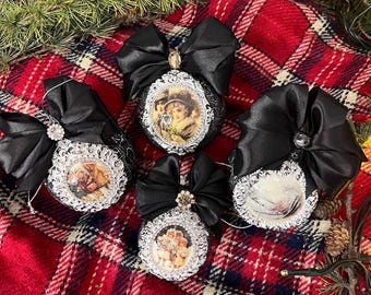 Juego de adornos navideños vintage negros: adornos de decoupage hechos a mano