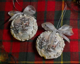 Handcrafted Christmas Bauble Ornaments: Decoupage Snow Effect, Set of 2