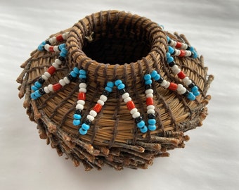 Handwoven Native American Pine Needle Coil Seed Basket With Bead Embellishment