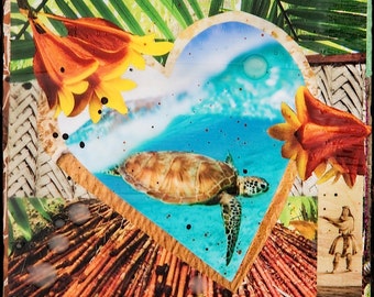 GLASSED, HONU LOVE, New, 4x4 and Up, Hand Painted, Hang-Glassed collage, wood panel, Hawaii, Sea Turtle, Heart, Hula, Ocean Art, wall art