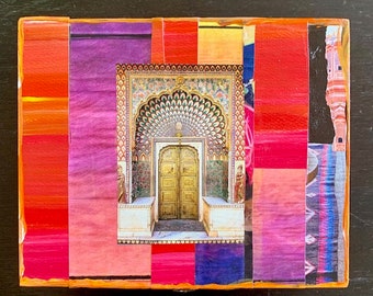 TRAVEL TEMPLE, Original Hand-Painted, Hand-Collaged Collectble Art Cigar Box, Ocean, Gift, Hand Made, box, Morocco, textiles, India, Small